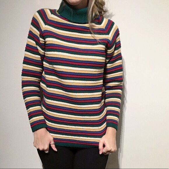 Vintage rainbow chunky knit turtleneck pullover warm sweater. 80s 90s vintage. - Picture 4 of 8